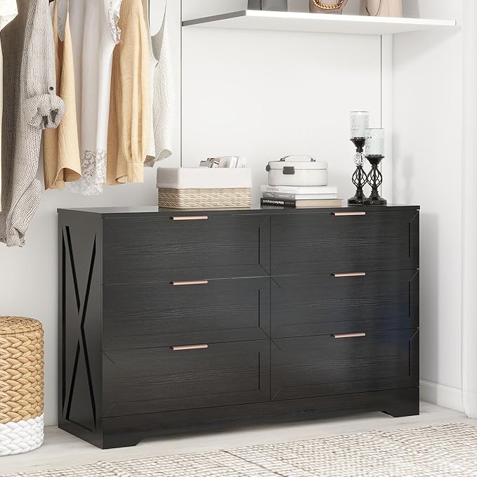 Modern 6 Drawer Dresser for Bedroom, Dresser Chest of Drawer with Large Drawers & Golden Handles, Wooden Dressers Drawer Storage Unit for Bedroom, Living Room, Closet (Black)