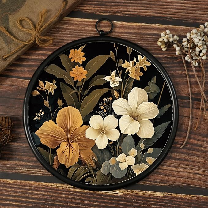 XIAOAIKA Round Vintage Wall Hanging Decor, Printed Textured Surface with Wood Back, Yellow Floral Design, Black Metal Frame, Ready to Hang for Living Room Bedroom, 10 Inch