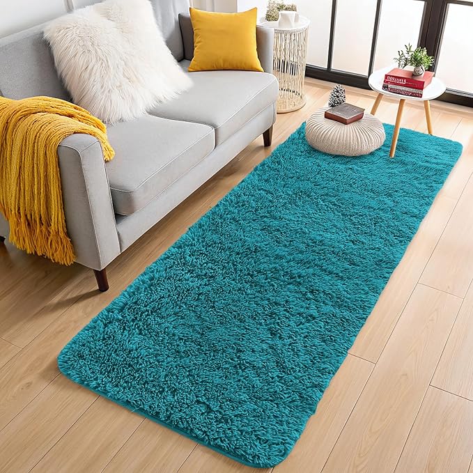 OLANLY 2x5 Machine Washable Runner Rugs for Hallway, Soft Fluffy Shaggy Bedside Rugs for Bedroom, Living Room, Indoor Floor Carpet for Kids Girls and Boys, Nursery Rooms, Home Decor Aesthetic, Teal