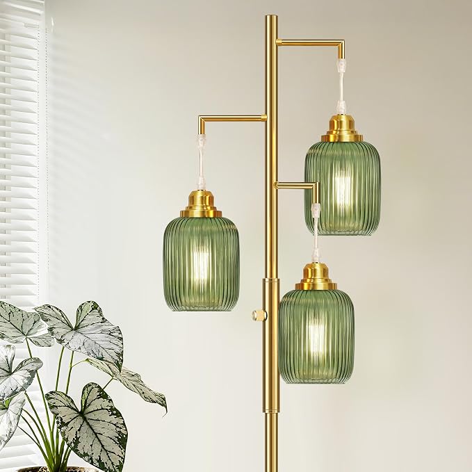 ROTTOGOON Dimmable Gold Floor Lamp for Living Room- 3 Light Green Glass Floor Lamps, Vintage Brass Tree Floor Lamps with 3X 6W LED Bulbs, Modern Standing Tall Lamp for Bedroom, 68", Gold & Green Glass