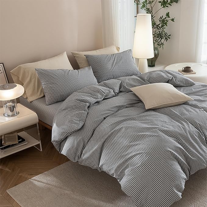 JIYUAN 100% Washed Cotton Striped Duvet Cover Set 3 Pieces King, 1 Duvet Cover and 2 Pillowcases(Comforter Not Included),Linen Like Comfy and Breathable,Pinstripes-Heathered Dark Grey White