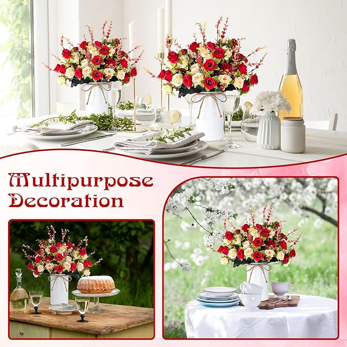 6 Set Fake Flower in Vase, Artificial Flowers with Vase, Centerpiece Table Decorations with 6 Pcs 6 Inch Large Vases and 12 Pcs Mixed Colors Silk Rose Bouquet for Wedding Home Office Farmhouse Decor