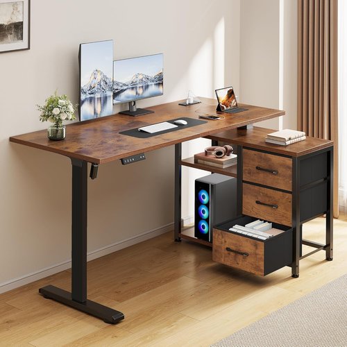 Skiennix 47-Inch L-Shaped Desk - Electric Standing Computer Table with 3 Drawers & Power Outlets | Rustic Brown