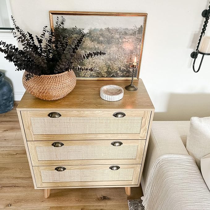 PHI VILLA Rattan Nightstand Set of 2 - Dresser with Drawer Boho Small Cabinet, 3 Drawer Dresser, Rattan Cabinet