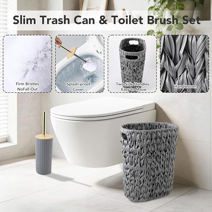 Bathroom Accessories Set, 25PCS Wicker Bathroom Accessory Set with Shower Curtain, Bath Mat, Soap Dispenser, Handwoven Trash Can & Rattan Tissue Box (Grey, Bath Set+Shower Curtain+Rugs)