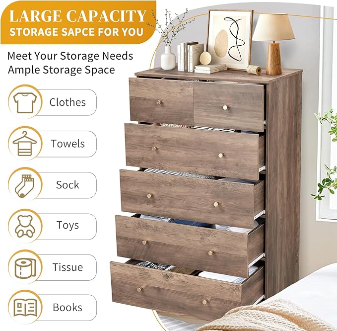 Karl home Grey 6 Drawer Dresser for Bedroom, Modern Wood Dresser Chest of Drawers, Bedroom Modern Nightstand, Anti-Tipping Device, Rose Gold Metal Handle, Living Room, Hallway, Office