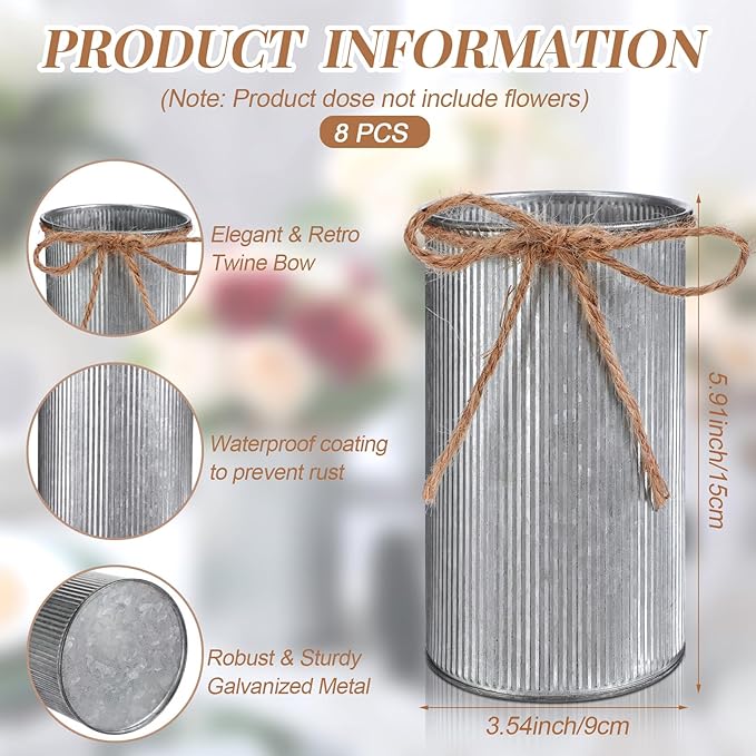 Domensi 5.91 in High Farmhouse Vase Decor Galvanized Metal Flower Vase with Twine Bow Vintage Rustic Tin Flower Buckets for Artificial Floral Table Container DIY(Iron Color,8 Pcs)