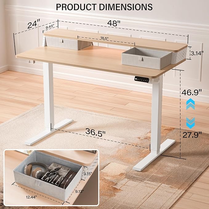 Electric Standing Desk with 2 Drawers 48''x 24'' Adjustable Height Sit to Stand Up Desk with Storage Shelf C-Clamp Mount Compatible Home Office Desks Computer Gaming Table Ergonomic Workstation