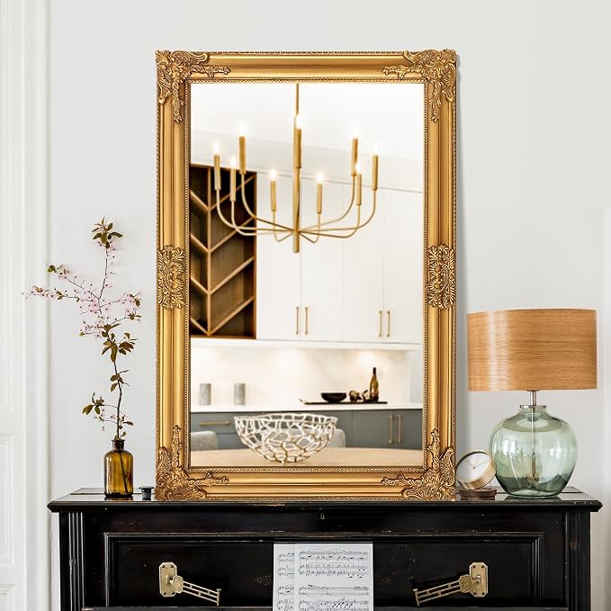 TRAHOME 24"x36" Vintage Gold Baroque Wall Mirror, Ornate Antique Style Decorative Mirror for Entryway, Living Room, Fireplace Mantel, Hallway