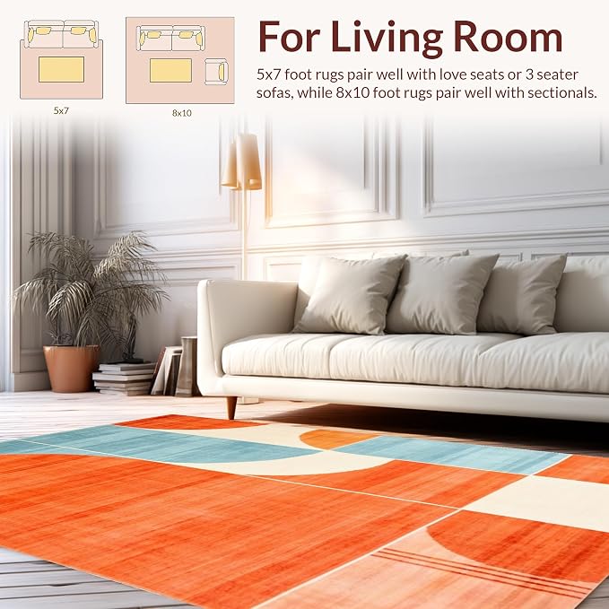 Flatwoven High Traffic Area Rug 8x10, Mid Century Modern Artistic Abstract with Geometric Elements, Non Slip, Stain Resistant, Washable Area Rugs for Living Room, Bedroom (Orange, 8x10)