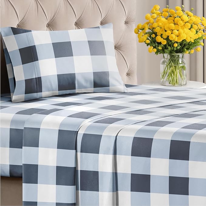 Blue Gingham Bed Sheet Set – 1 Flat & 1 Fitted Sheet & 1 Pillowcase w/ Deep Pockets – Grid, Plaid, Checkered Pattern Bedding - Wrinkle & Fade Resistant - Ultra-Soft, Breathable & Cooling - Twin Size