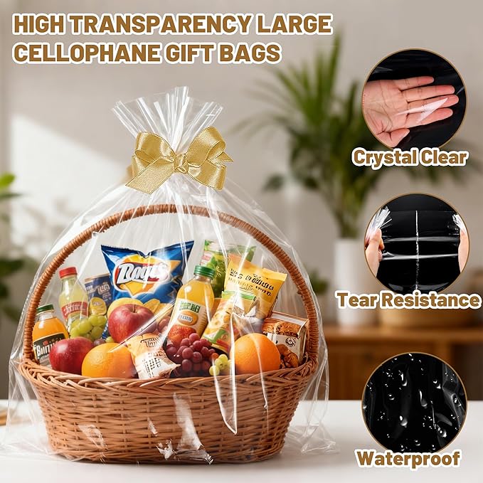 QOIUSO 6PCS Extra Large Cellophane Bags 40x50 Inch, Clear Cellophane Wrap for Large Christmas Gift Baskets, 2.8 Mil Thick Clear Gift Bags for Christmas, Holiday Parties, Weddings & Birthdays