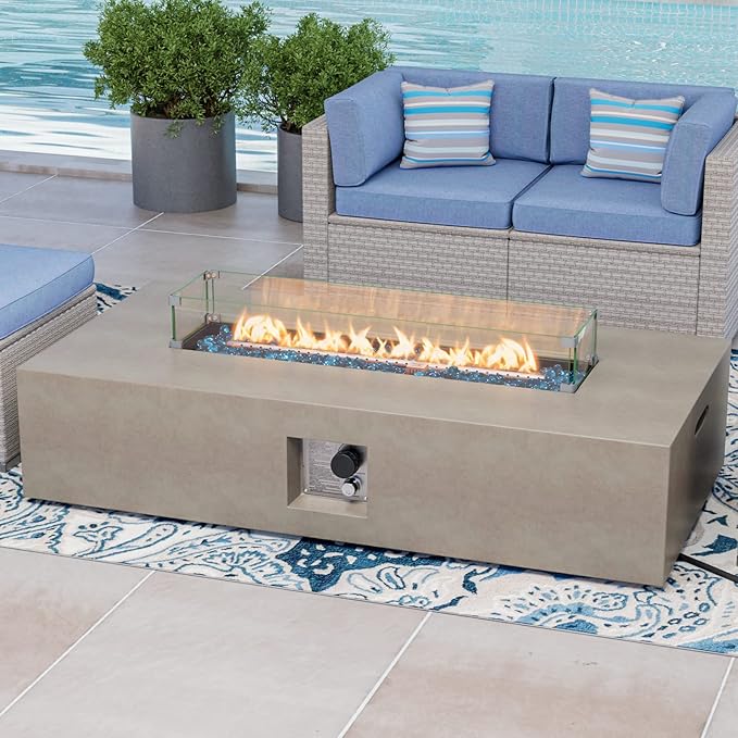 COSIEST Outdoor Propane Fire Pit Table, 56-inch x 28-inch Rectangle Gray Concrete-Like Finish, Certified, 50,000 BTU Stainless Steel Burner w Blue Fire Glass, Wind Guard, Raincover
