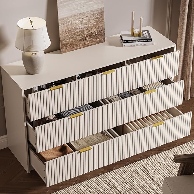 3 Piece Dresser Bedroom Set, 7 Drawer Dresser & 3 Drawer Nightstands with Gold Handles, Fluted Wood Chest of Drawers for Bedroom, Living Room, Entryway, Beige