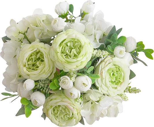 2 Bunches Green Peony Artificial Flowers for Decoration Faux Rose Fake Bouquet Silk Arrangements Table Centerpiece for Vase Cake Topper Bridal Baby Shower (2, Green White)