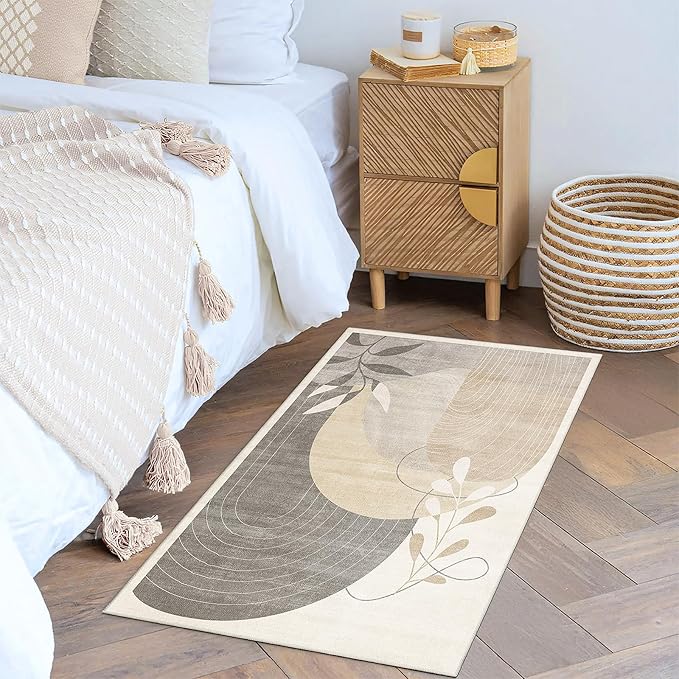 MUJOO 2x3 Washable Rug Small Area Rugs for Entryway Kitchen Bedroom,Boho Non Slip Throw Carpet for Bathroom Entrance Door Mat Mid Century Modern Abstract Botanical Geometric Accent Neutral Beige