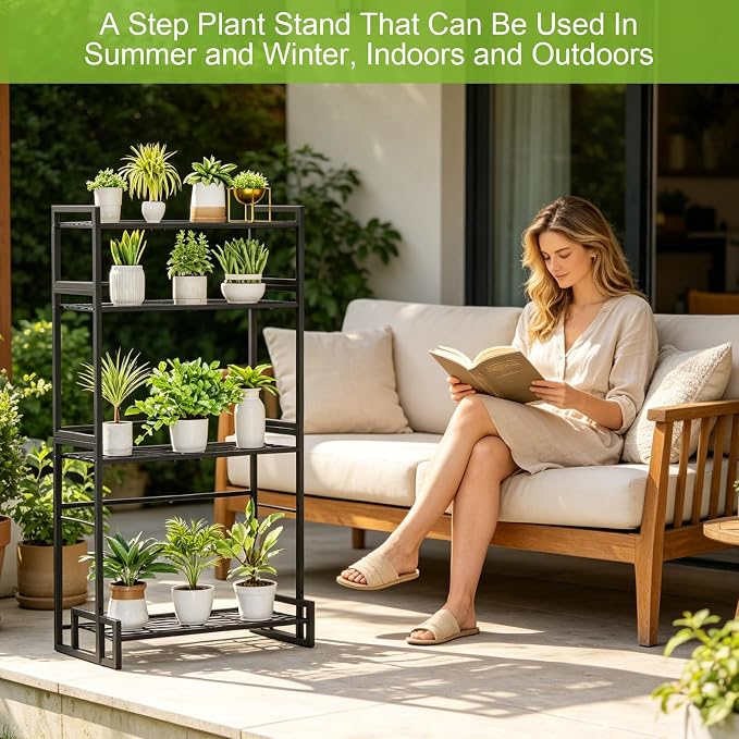 VyGrow Plant Stand, 4 Tier Widened Stackable Tiered Plant Stand, Upgraded Scalable Heavy Duty Tall Plant Shelf for Indoor Outdoor, Garden, Display Shelves, Flower Pot Holder, Black
