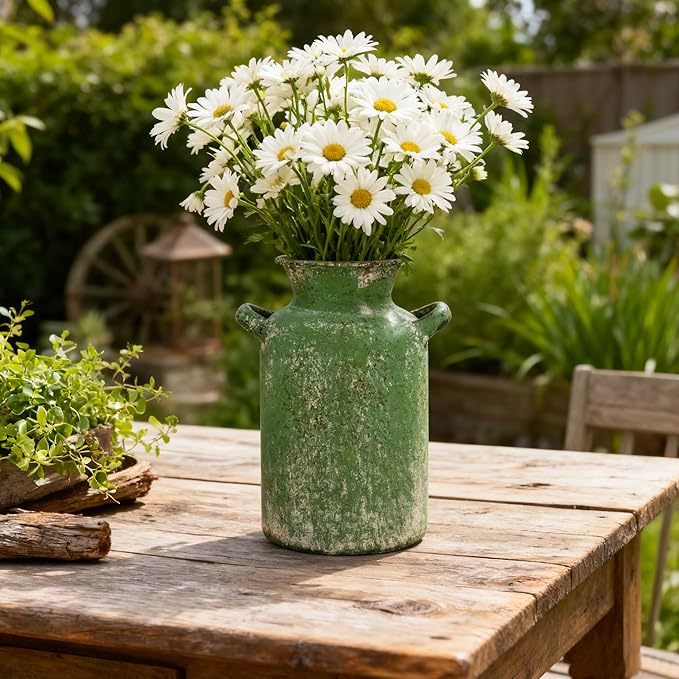 Rustic Vintage Metal Flower Vase for Decor Milk Jug Small Vases for Flowers Kitchen Decorations, Cylindrical,Perfect for Kitchen, Dining Room, Living Room,Housewarming Gift(Green)