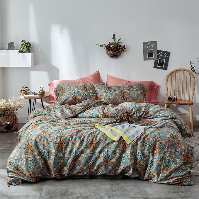 VM VOUGEMARKET Green Flower Duvet Cover Set Twin,Aesthetic Boho Bedding Set Percale Cotton Royal Floral Comforter Cover with Zipper Closure