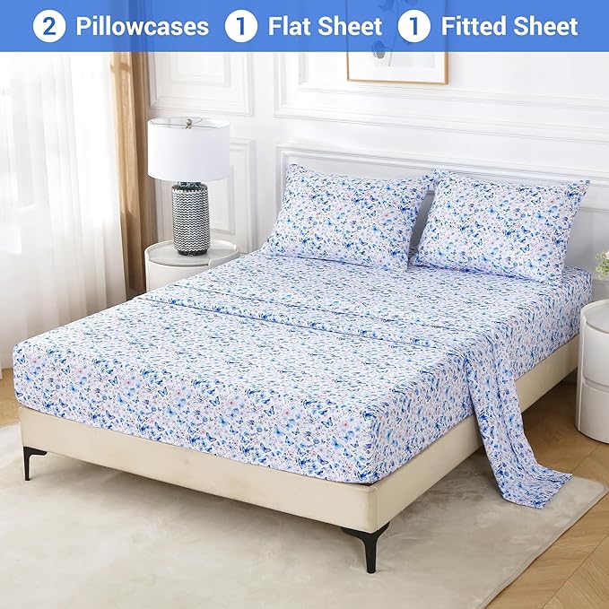 Softan King Floral Sheets, Microfiber Blue Flower Printed Fitted Sheets with Non-Slip Corner Straps and 15" Deep Pocket, Butterfly Patterned Cozy King Bed Sheets & Pillowcase Sets