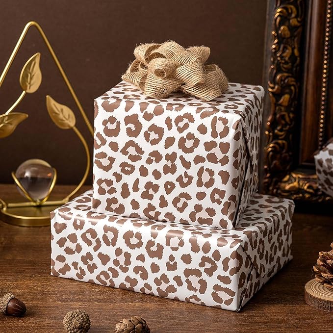 Burymento Brown Leopard Print Wrapping Paper, Cut Auxiliary Line Design Gift Wrap for Birthday Gift Wrap for Baby Shower, Valentines, Mothers day, Graduation, Wedding, Fathers day, Christmas (17in x 32.8ft)