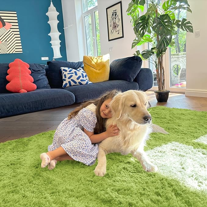 OLANLY 9x12 Machine Washable Large Area Rugs for Living Room, Bedroom, Soft Fluffy Shaggy Bedside Rug, Indoor Floor Carpet for Kids Girls and Boys, Dorms, Nursery, Home Decor Aesthetic, Grass Green