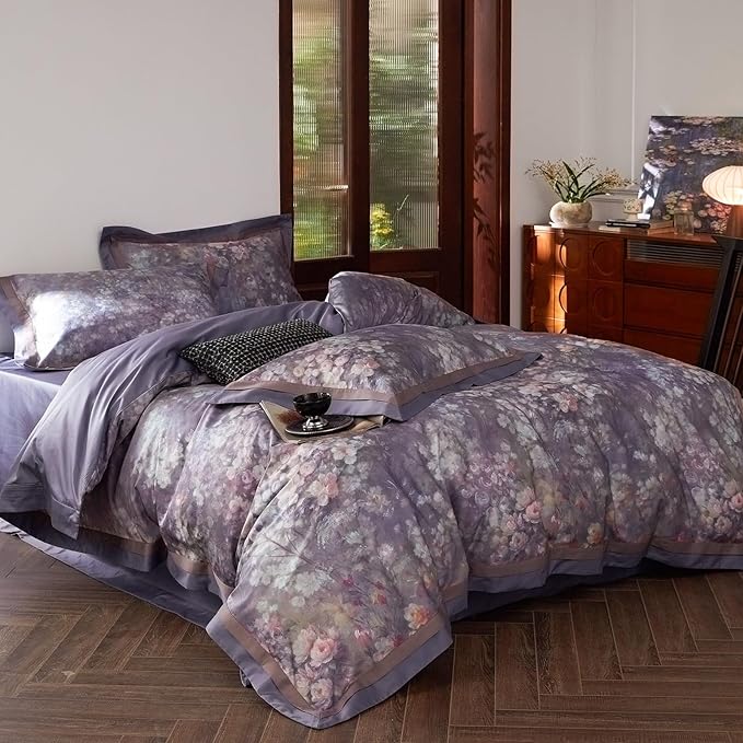 VM VOUGEMARKET Purple Floral Duvet Cover Set Queen,3 Pieces Garden Flower Duvet Cover with 2 Pillow Shams Smooth Silky Long Staple Cotton Bedding Set-Queen,90x90 Inch