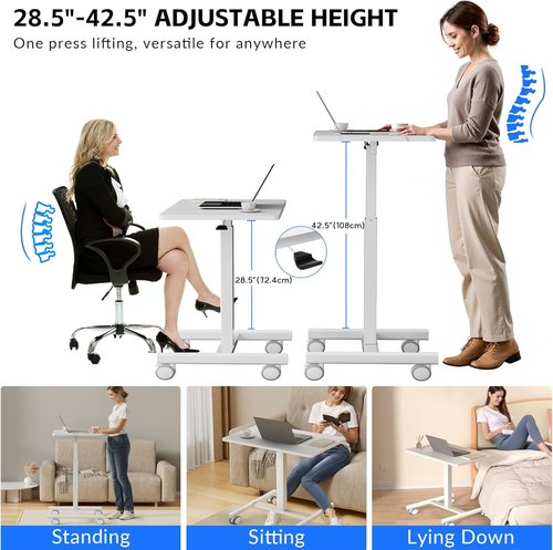 GallopFun Mobile Laptop Desk - Adjustable Height Portable Workstation with Wheels | White Finish
