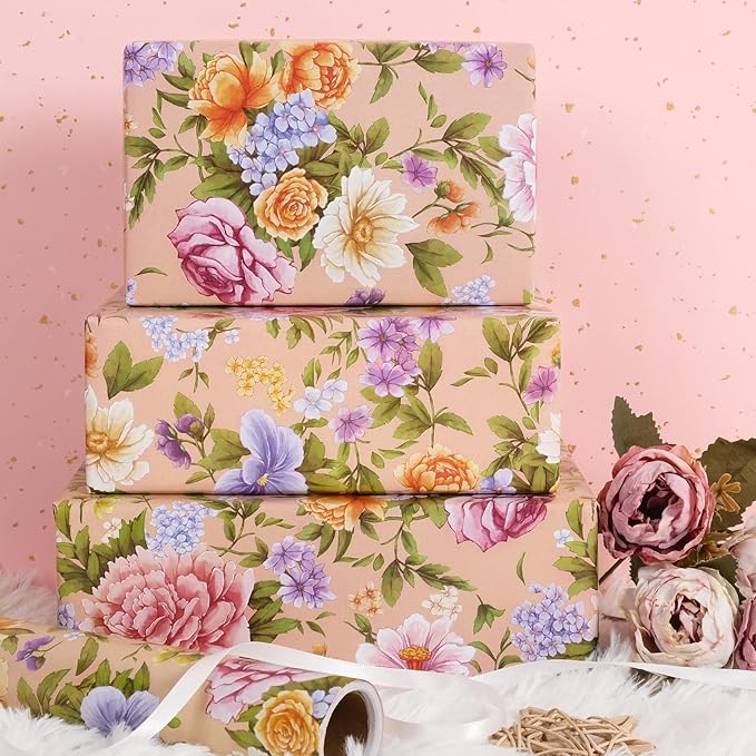 RayofSun Floral Wrapping Paper Roll Roll 17 in x 16.5 ft Mini Roll Pink Peonies Yellow Roses Blooms Gift Wrap Paper for All Occasion Wedding Birthday Bridal Shower Party Wrapping Supplies