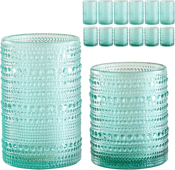 ZMOWIPDL Vintage Glassware Drinking Glasses Set of 12,Light Blue 12oz & 15oz Hobnail Glass Cups,Embossed Water Tumbler,for Beer,Cocktail,Whiskey,Juice and Various Mixed Drinks- 1 Cleaning Brush