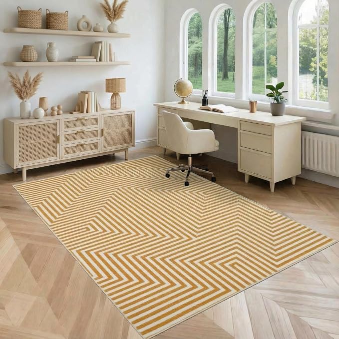 6x9 Modern Abstract Washable Area Rugs for Living Room Low Pile Modern Geometric Rug Non Slip Dining Room Carpet Low Pile Indoor Rug for Office Dorm Classroom Kids Room, Orange Yellow