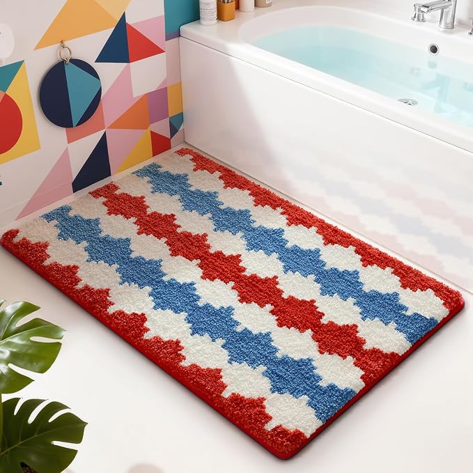 LUMI Bathroom Rugs with Wave, Soft Absorbent Bath Mat for Modern Home Decor, Non-Slip Quick-Dry Bath Rug, Machine Washable Floor Mat for Shower and Tub, Entryway, 16"x24", Azure Wave