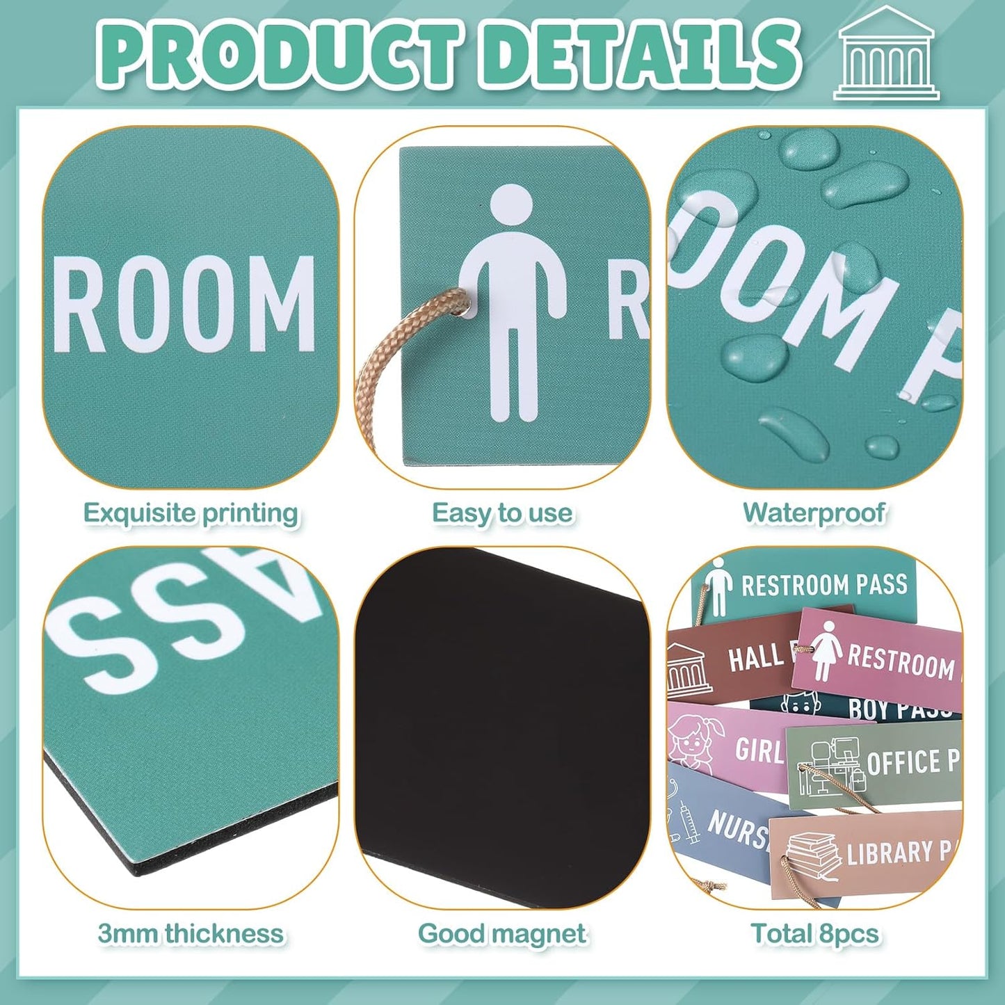 Tellegloww Magnetic Hall Pass Set - 8 Reusable Waterproof Passes for Kids | Classroom Decor