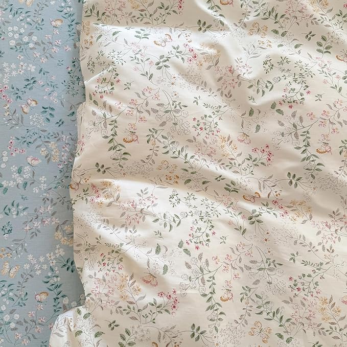 EAVD Garden Style Botanical Duvet Cover King Soft Cotton Chic Shabby Floral Leaves Pattern Bedding Set with 2 Pillowcases Fresh Vibrant Floral Duvet Cover with Zipper Closure