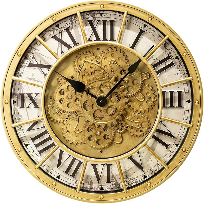 18 Inch Large Gear Clock with Realistic Moving Gears Industrial-Style Steampunk Wall Decor Clock Ideal for Living Rooms, Home Offices, Factories, Bedrooms, Warehouses, and Cabins (Gold White, 18 inch)