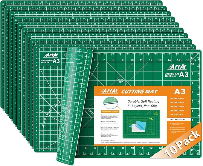 ArtAt Self Healing Cutting Mat:【10 Pack Cutting Mat 12″x 18″】 Green Double Sided Non-Slip 5 Layers PVC Durable Craft Sewing A3 Mat for Rotary Cutter
