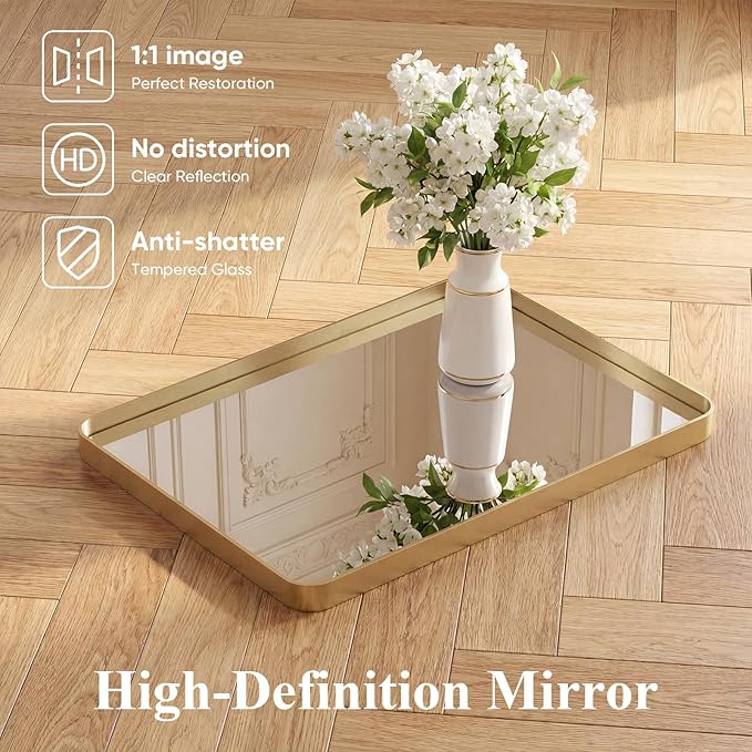 NEWBULIG 24X30 Inch Bathroom Mirror for Over Sink, Wall Vanity Mirrors Tempered Glass, Anti-Rust Metal Framed Rounded Rectangle, Hangs Horizontally or Vertically, Farmhouse Home Decor, Gold