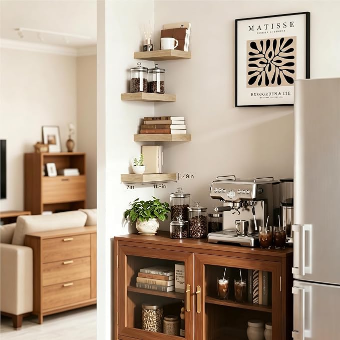 Oak Floating Shelves for Wall Set of 4, 11.8 Inch Small Wood Wall Shelves for Bathroom Over Toilet, Kitchen & Bedroom Storage, Wall Mounted Shelves for Spice Jars, Coffee Bar & Decor