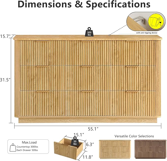win2win 9 Drawer Dresser, Mid Century Modern Dresser with Storage, 55" Wide Fluted Chest of Drawers with Faux Marble Top, Dressers TV Stand, Drawers Organizer for Bedroom, Living Room, Hallway, Oak