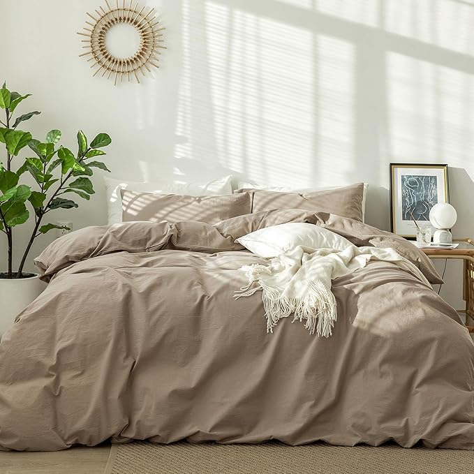 MooMee Bedding Duvet Cover Set 100% Washed Cotton Linen Like Textured Breathable Durable Soft Comfy (Solid Mocha Brown, Full 80"x90")