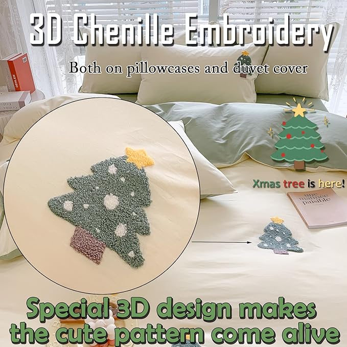 MorroMorn Twin Duvet Cover Cotton, 3D Embroidery Twin Bedding Sets, Green Chenille Embroidered Comforter Covers Soft Breathable Sweat-Absorb for Girls Boys Kids Teen (Christmas Tree, Twin/Twin XL)