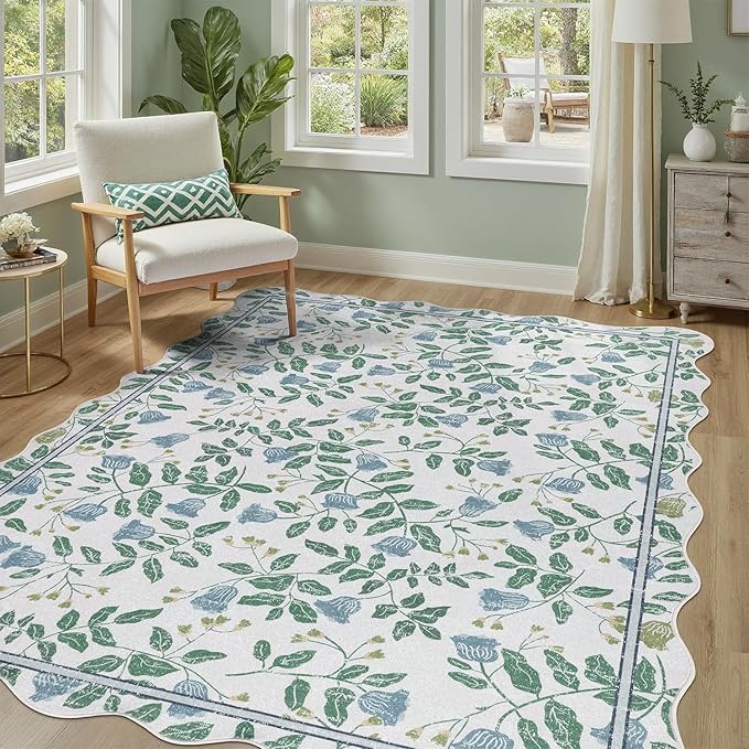 DCX Washable Botanical Floral Rug 3x5, Blue and Green Scalloped Rug, Non Slip Low Pile Carpet for Bedroom, Living Room, Kid & Pet Friendly