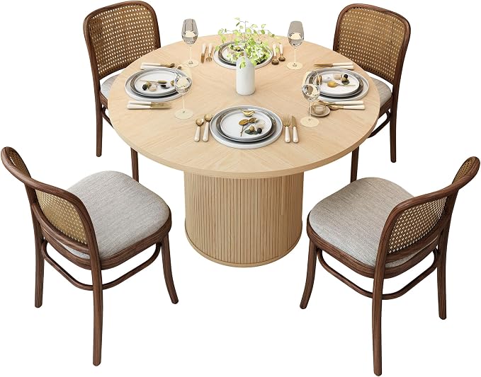 weselon 47 inch Round Dining Table for 4, Kitchen Table Dinner Table with 2-Layer Storage Shelf and Wood Slide Door for Home Dining Room Living Room (Natural)