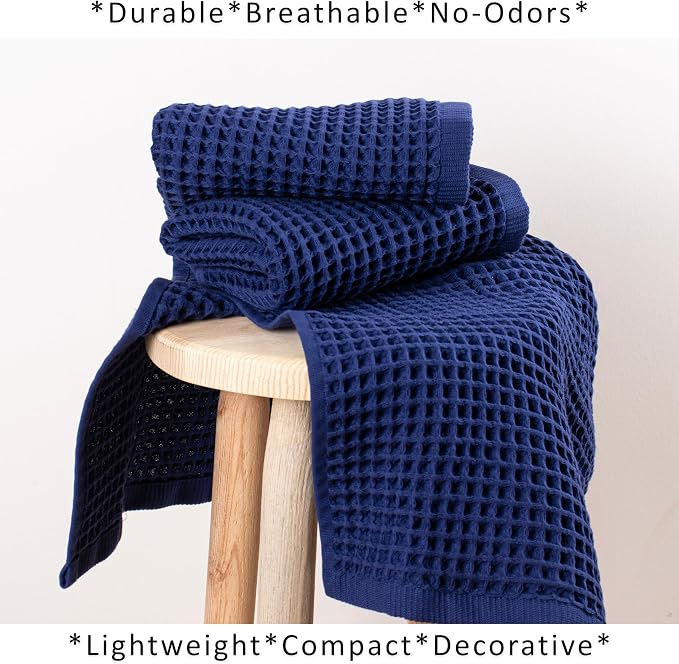 PÜSKÜL Natural 100% Turkish Cotton Waffle Kitchen Towels Set of 3 | Oeko-Tex, Premium Waffle Hand Towels for Bathroom | Soft Absorbent Quick-Dry Lint-Free Dish Towel Large 32x16 inch (3, Navy Blue)