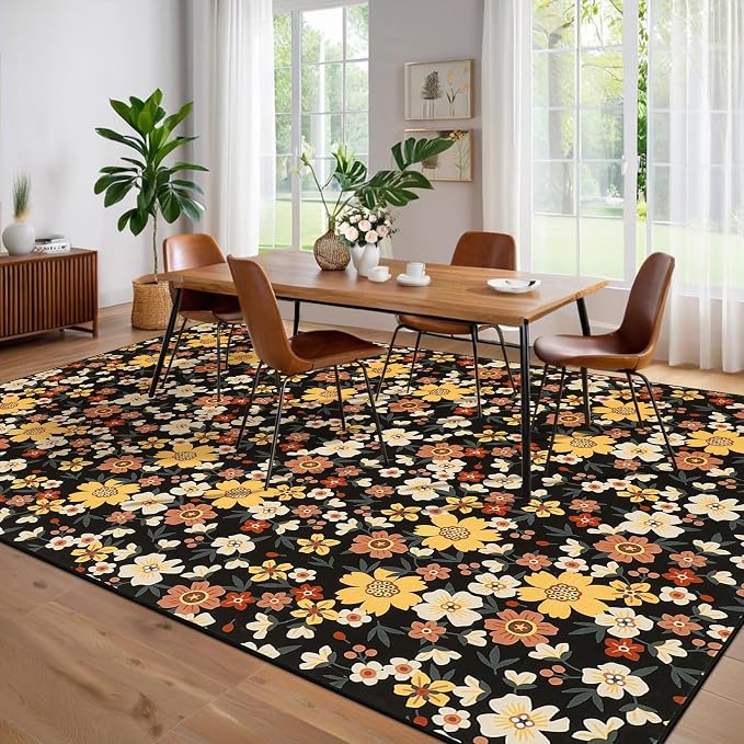 Washable 10x13 Modern Floral Area Rug for Living Room Low Pile Soft Bedroom Rugs Non Slip Abstract Floral Large Carpet Thin Foldable Modern Indoor Carpet for Playroom Open Living Room, Black