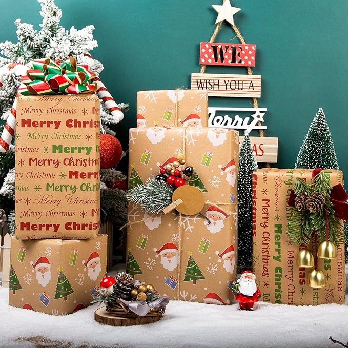 Yarcony Kraft Christmas Wrapping Paper Roll, Reversible Santa Wrapping Paper, Cute Santa, Tree & Merry Christmas Letterings Pattern Thick Holiday Gift Wrap for Winter Celebrations (17 Inch X 33 Feet)