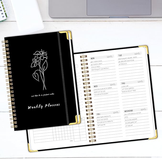 Undated Weekly Planner with Metal Corner Hardcover Notebook , A5 Size Journal with To Do List Planner, Habit Tracker,Weekly Goals for ADHD,Student, Office, Women, Men ,Gifts,6 x 8 inches，Spiral Bindding ,Black