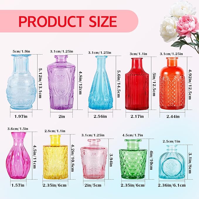 Blcculi Glass Bud Vases Set of 10,Mini Flowers Vase in Bulk,Vintage Colored Vase,Small Glass Vases for Centerpieces,Wedding,Parties,Reception Decor,Table Decorations,Gifts