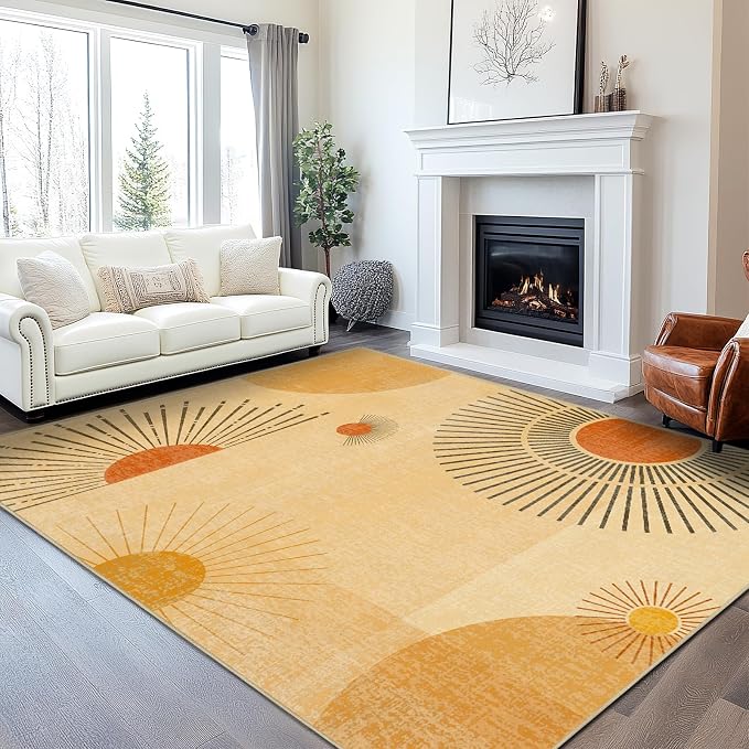 9x12 Large Area Rug for Living Room Sun Rug Mid Century Modern Rugs Machine Washable Boho Geometric Rug Non Slip Printed Low Pile Indoor Floor Carpet for Dining Room Bedroom Office,Yellow