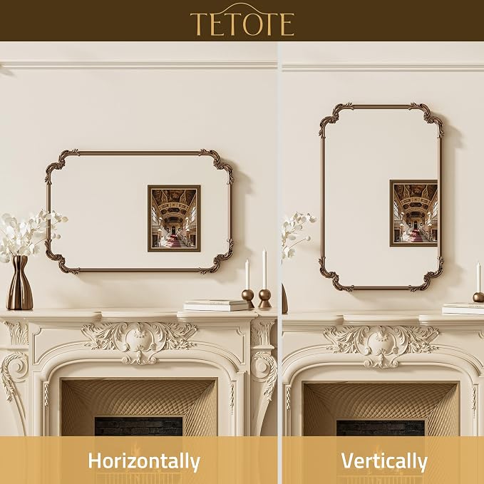 TETOTE Baroque Gold Antique Brass Scroll Wall Mirror 40 x 30 Vintage Rectangle Framed Baroque French Rectangular Mirror for Mantle Fireplace Bathroom Living Room, Horizontal/Vertical